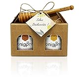 Honig Geschenkset 'SÜßES DANKESCHÖN' mit Honiglöffel aus Buchenholz und Grußkarte - 1x250g Frühtracht cremig und 1x250g Sommerblüte cremig - 100% Deutscher Honig Honigprinz Familien-Imkerei